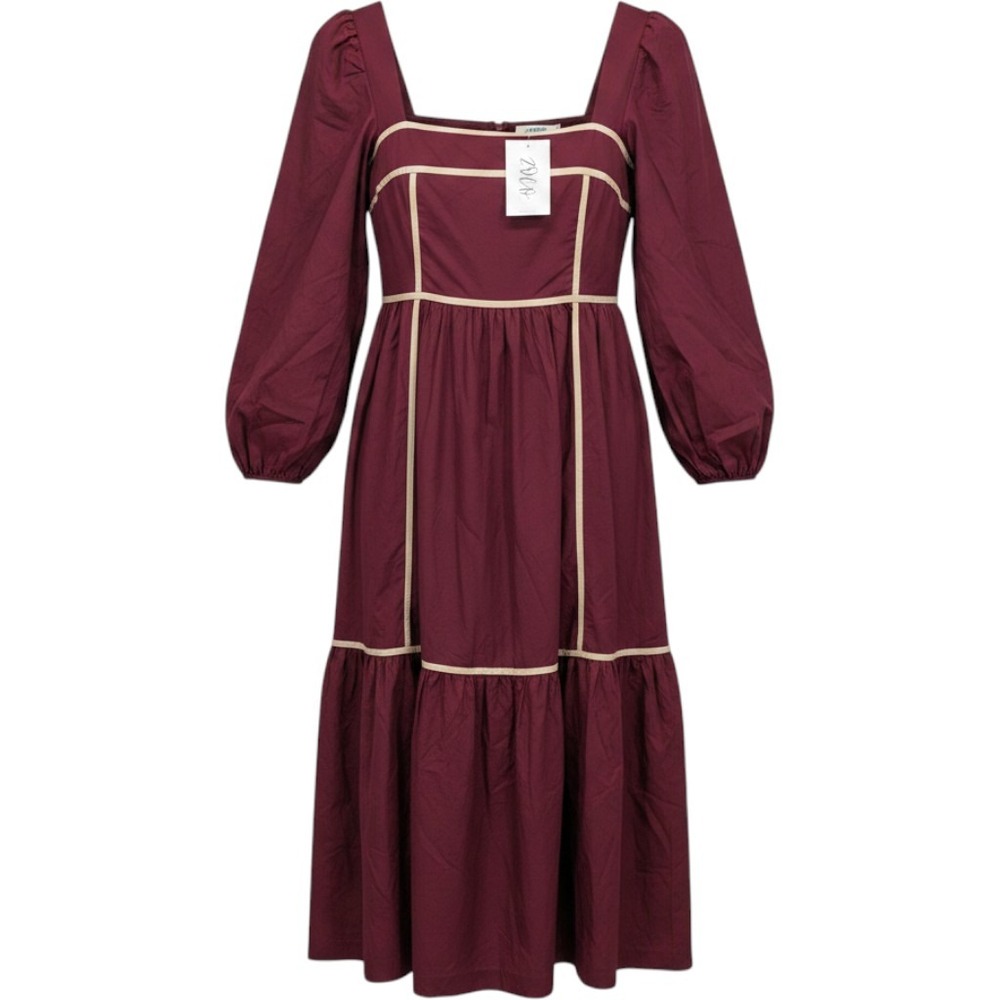 La Lavon Dress Prairie Maxi Womens Medium Burgundy Square Neck Puff Sleeve NWT
